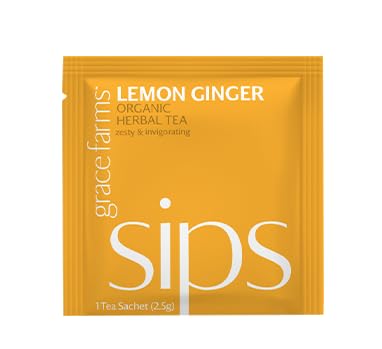 Grace Farms LEMON GINGER Organic Herbal Tea (100 Enveloped Pyramid Sachets w/String & Tag) | Zesty & Invigorating | Fairtrade & Kosher |Gives Back 100% of Profits