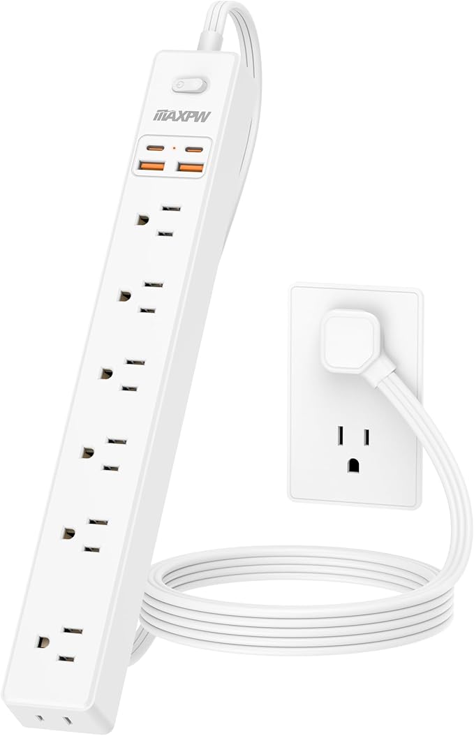 6 Ft Power Strip Surge Protector - 7 Outlets 4 USB Ports (2 USB C), Ultra Thin Flat Extension Cord & Flat Plug, 1700 Joules, Wall Mount, Desk Charging Station for Home Office Dorm, White