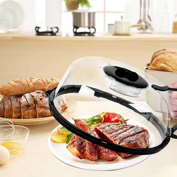 Microwave Splatter Cover, Microwave Cover with Water Steamer, 10 Inch Plate Covers with Integrated Handle Splatter Guard, Kitchen Gadgets & Accessories, House Essentials for Gift-Black
