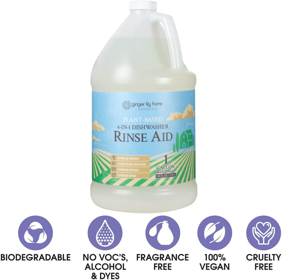 Ginger Lily Farms Botanicals Plant-Based 4-In-1 Dishwasher Rinse Aid, 100% Vegan & Cruelty-Free, Fragrance-Free, 1 Gallon (128 fl oz) Refill, 128.00 Fl Oz (Pack of 1)