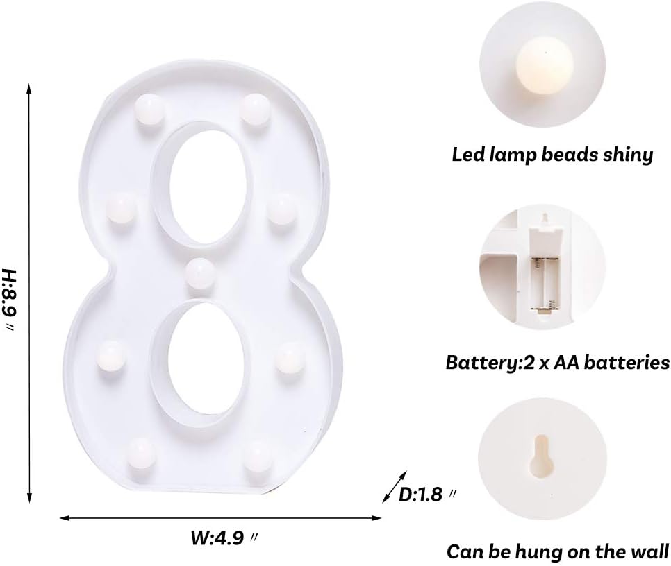 Foaky Decorative Led Marquee Light Up Number, Marquee Light Up Number Sign for Night Light Wedding Birthday Party Christmas Home Bar Decoration Number(8)
