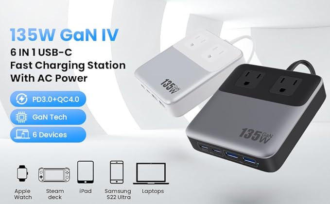 6-in-1 Charging Station USB C Power Strip with 5ft Cord and Plug,135W GaN-IV USB C Charger Block,2 AC Outlets,2 USB-A,2 USB-C for MacBook,iPhone 16/15/14,Fast Charging Desktop Charger for Office,Home
