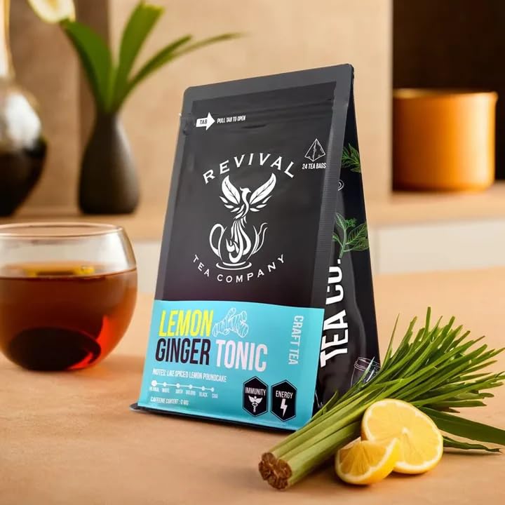 Revival Tea Company Lemon Ginger Tonic - Caffeine Free Tea Blend with Lemongrass and - Loose Leaf 5 Ounces