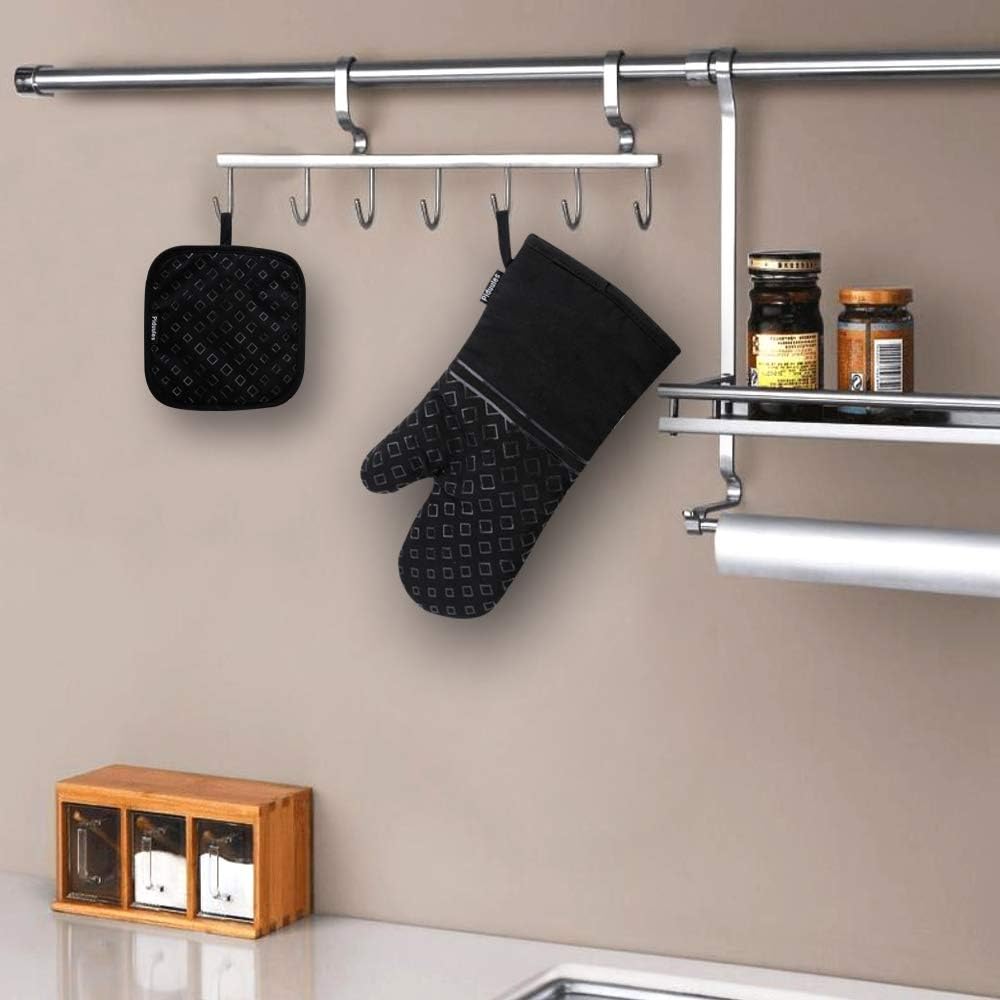 Set of 4 Oven Mitts and Pot Holders, 482 F Heat Resistant Hot Plate Moving Non-Slip Gloves for BBQ, Grill, Baking, Cooking, Oven, Microwave (Black)
