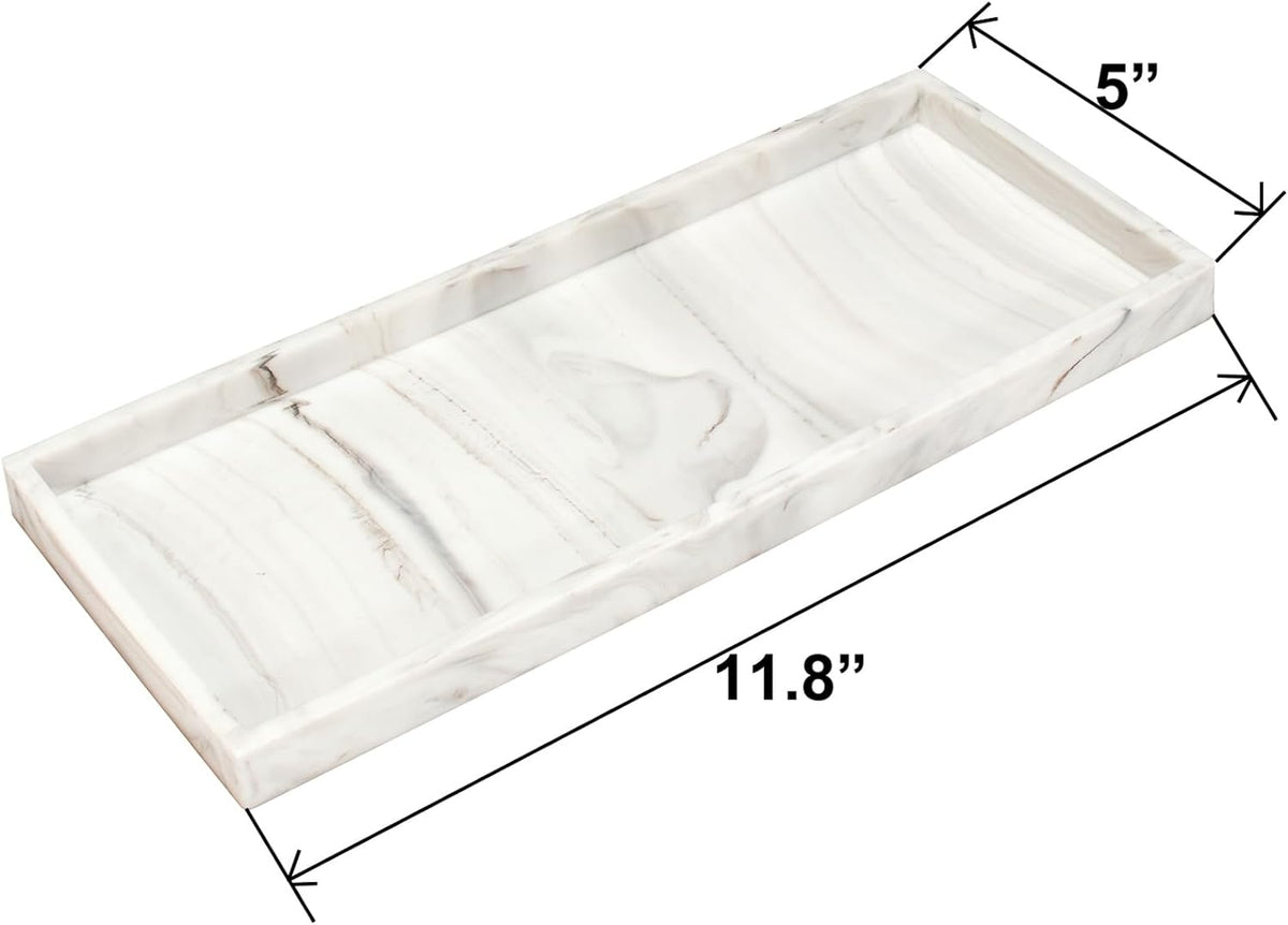 DNC Silicone Bathroom Vanity Tray for Counter, 11.8" Kitchen Sink Soap Tray for Dish Holder Dispenser Countertop Toilet Tank Decor Organizer Marble White