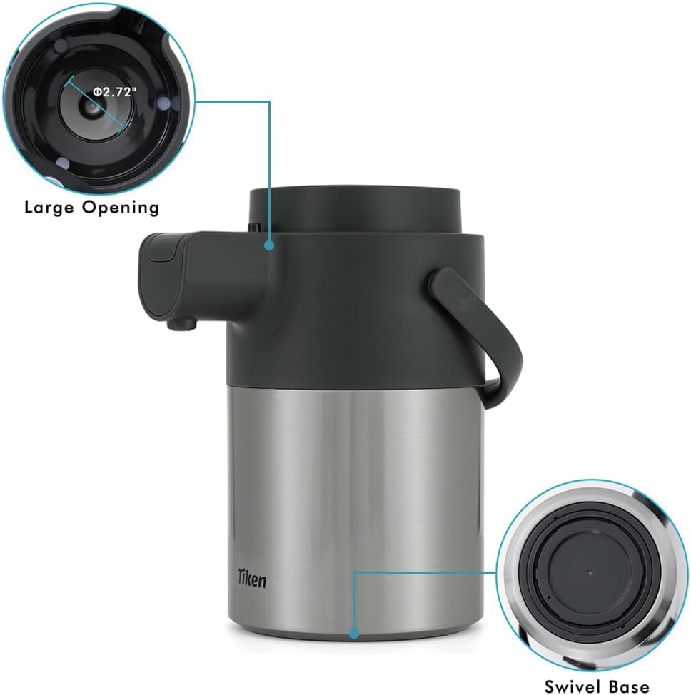 Tiken Airpot Coffee Dispenser with Pump - 74oz/2.2L Thermal Coffee Carafes for Hot Beverage - Stainless Steel Insulated Thermos Carafe, Silver