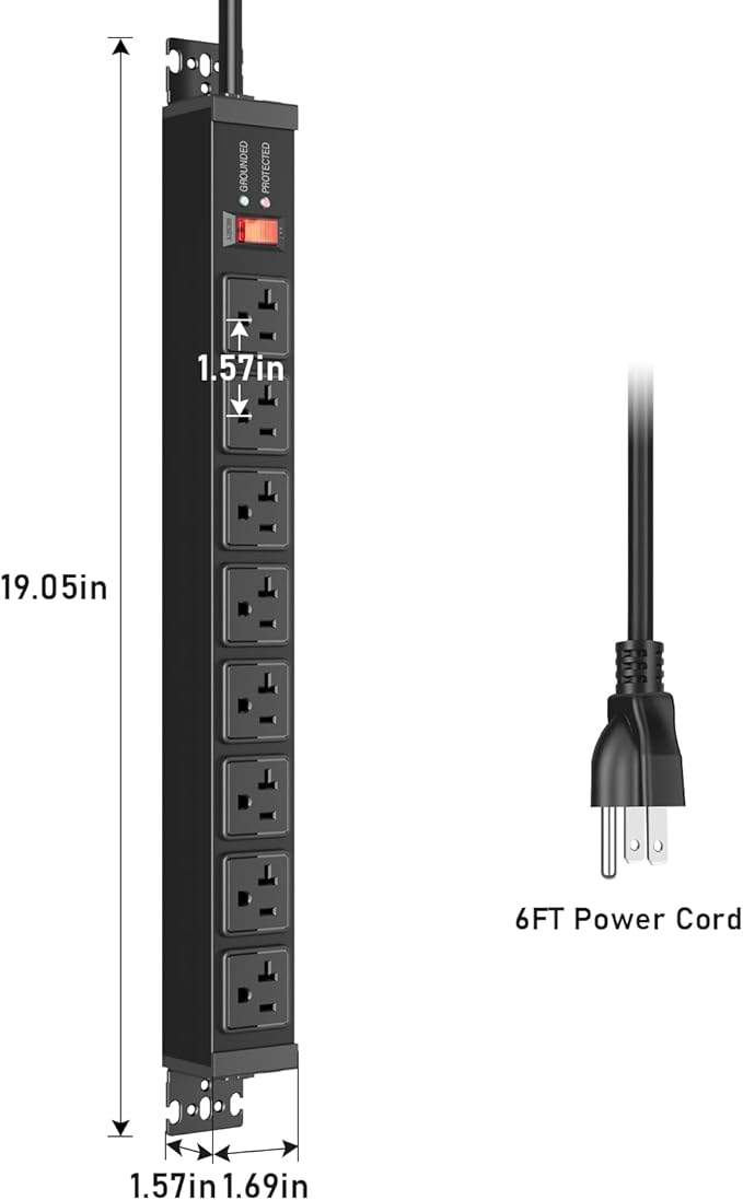 JUNNUJ 20 Amp Power Strip Heavy Duty 2 Pack, 4800J Surge Protector Metal Power Bar Multi Angle Mount, 20A Garage 8 Outlet Shop 6-20R T-Slot, 5-15P Adapter 12 Gauge Extension Cord 6ft for Appliance