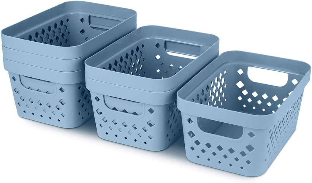 Glad Plastic Baskets for Organizing, Set of 6 | Pantry Storage for Under Counter, Linen Closet, and Bathroom | Nesting Shelf Bins with Handles, 1 Gallon, Marina Blue
