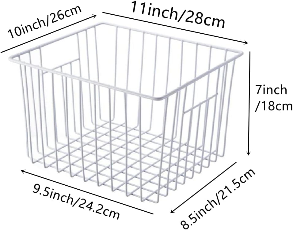 Slideep Fridge Freezer Baskets, Wire Storage Organizer Basket, Household Refrigerator Bin with Built-in Handles for Cabinets, Pantry, Closets, Bedrooms White - Set of 2