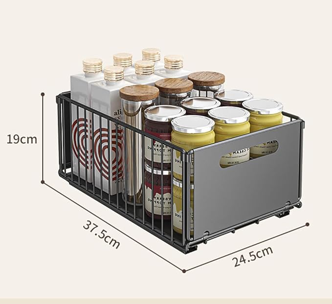 Pull Out Cabinet Organizer Slide Out Drawer Storage Shelves Cupboard Organiser Sliding Cabinet Basket for Kitchen No Drilling and Nailing (Black, 2Piece 9.8" W X15 D X 7.5" H)