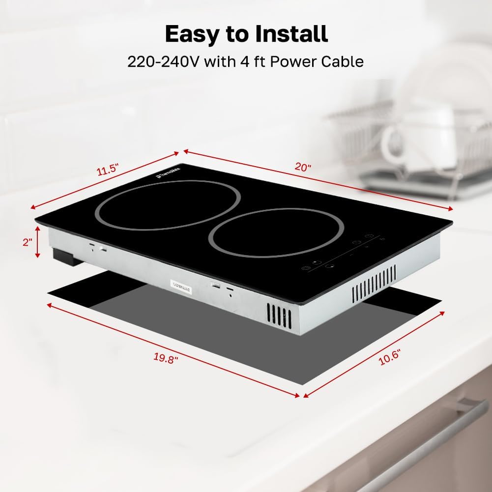 ThermoMate 2 Burners Electric Cooktop, 12 Inch Built in Electric Radiant Stove Top, 3200W Ceramic Glass Cooktop with Sensor Touch Control, 9 Heating Level, Chlid Lock & Timer, 220-240V Hard Wire