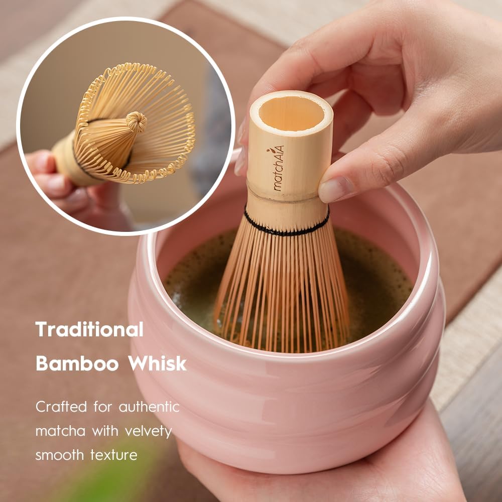 8 Pcs Matcha Set - Ceramic Bowl, Bamboo Whisk with Holder, Canister, Sifter, Schima Spoon, Spoon Rest and Tea Towel, Complete Kit for Traditional Matcha and Modern Lattes (Pink)