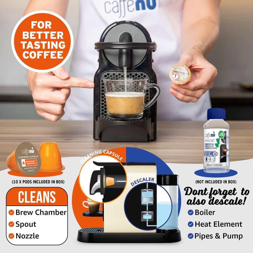 Nespresso Compatible Cleaning Pods. 10 Cleaner Capsules. Improved Coffee Flavor. For Nespresso Originaline, Use with Descaling Kit.