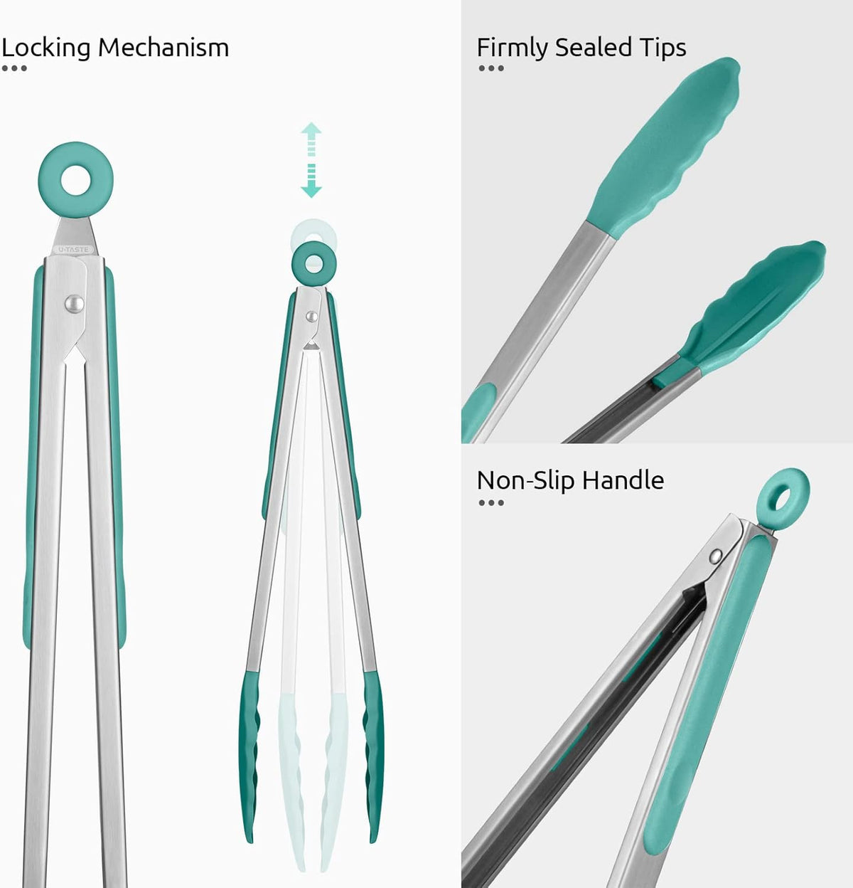 600ºF Heat Resistant Kitchen Tongs: U-Taste 12 in Large Silicone Cooking Tong with Sturdy Non Stick Rubber Tips & Silicon Coated 18/8 Stainless Steel Handle & Smooth Locking for Serving Grill-Aqua Sky