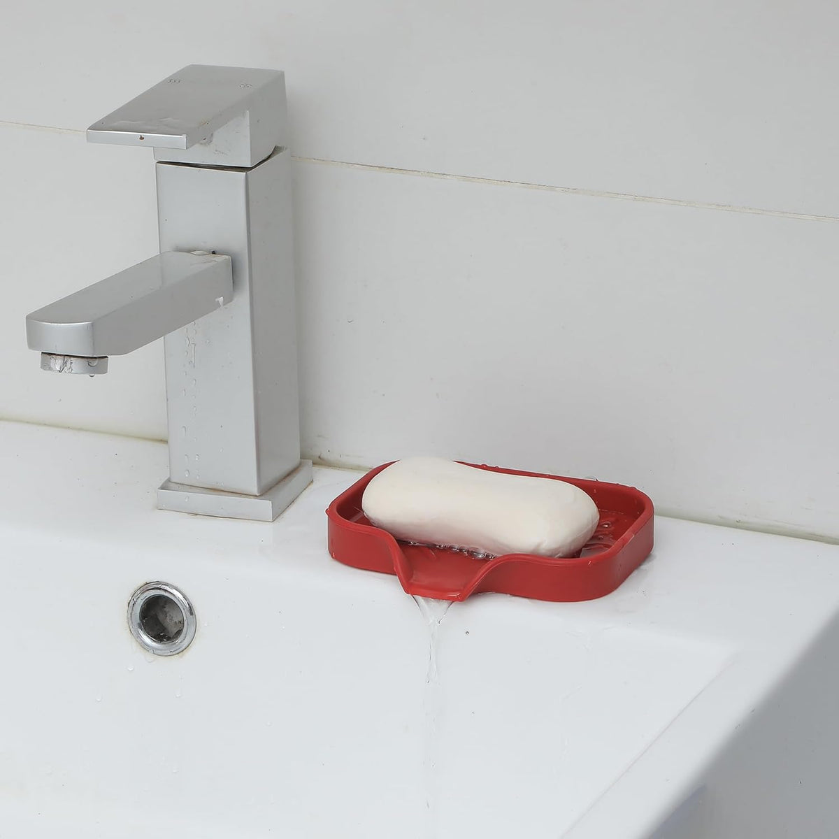 Silicone Bathroom Soap Dishes with Drain Spout-Bathroom and Kitchen Sink Organizer,Sponge Holder,Dish Soap Tray,Perfect for Dispenser,Scrubber,Bottle,Cup on Sink or Counter-Red 4.9"ร3.2"