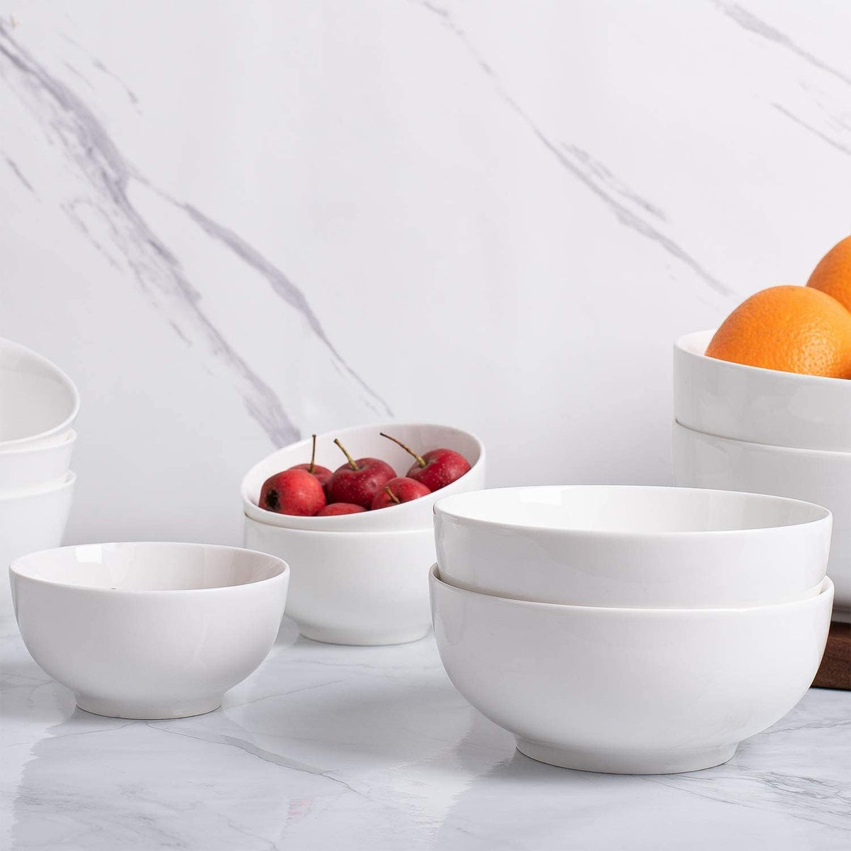 DELLING Porcelain Bowls - Set of 6 White Ceramic Small Bowls for Dessert, Snacks, Condiments & Side Dishes