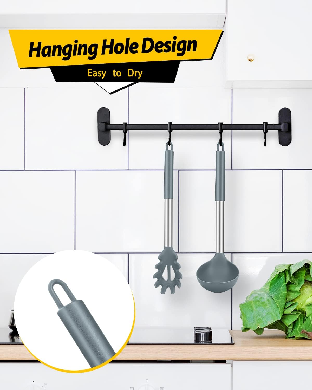 Silicone Pasta Fork and Ladle Spoon Set, Large Non Stick Kitchen Utensils for Cooking,Stirring,Serving Spaghetti, Soup, Sauce (GRAY)