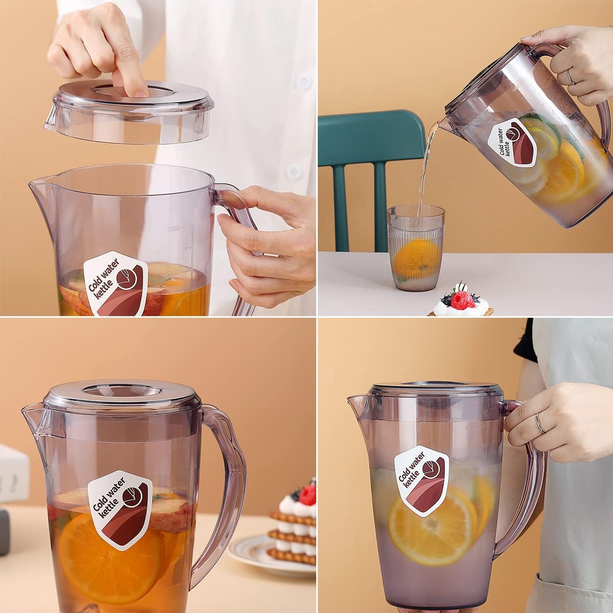 HOMQUEN Plastic Pitcher, 60 Oz/1.8L Water Carafe with Lid, Iced Tea Pitcher, Jar Pitcher, Jug with Handle for Tea, Juices, Milk, Cold or Hot Beverages (1 Pack/Gray)