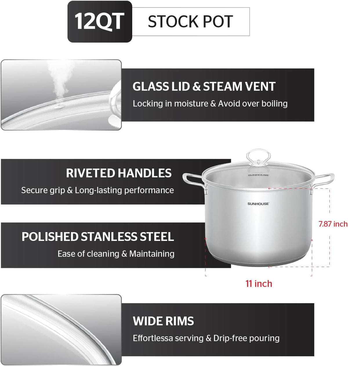 SUNHOUSE Stainless Steel Stock Pot – 12.6 Quart Heavy-Duty Induction Cooking Pot with Glass Lid for Pasta, Soup, Spaghetti – Thick-Bottom Large Stockpot for Boiling, Simmering, Canning