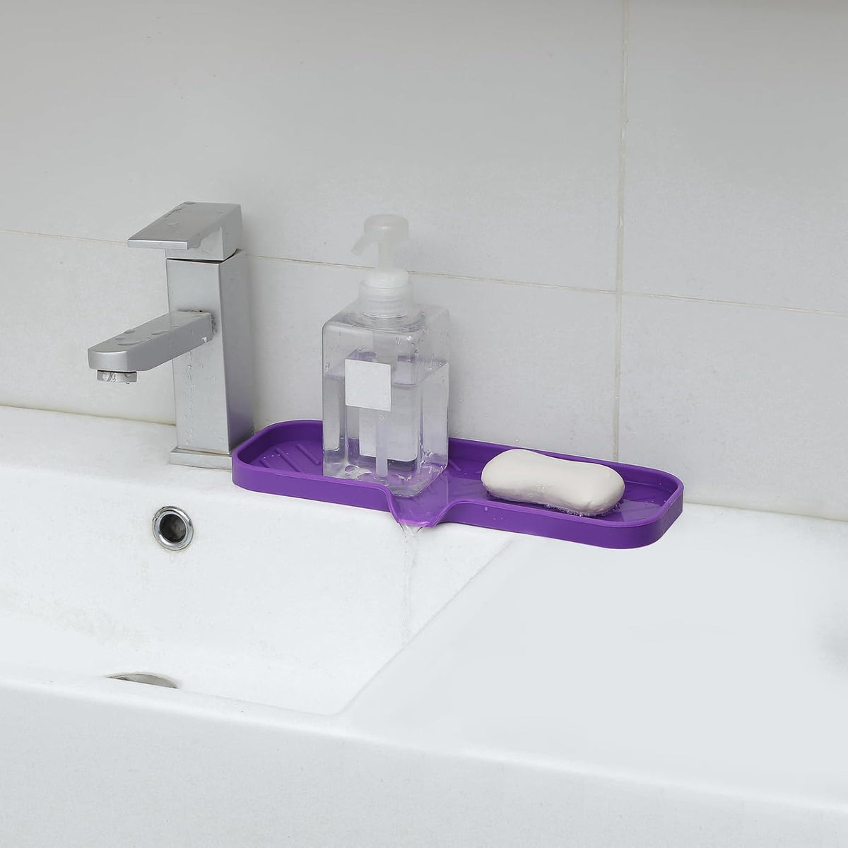 Silicone Bathroom Soap Dishes with Drain Spout-Bathroom and Kitchen Sink Organizer,Sponge Holder,Dish Soap Tray,Perfect for Dispenser,Scrubber,Bottle,Cup on Sink or Counter-Purple 12"ร4"
