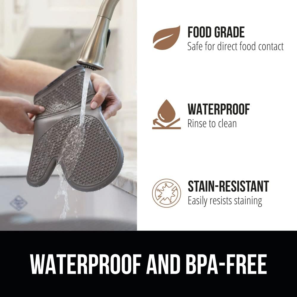 GORILLA GRIP BPA-Free Soft Silicone Oven Mitts and Pot Holders Sets of 4, Heat Resistant Waterproof Cooking Gloves, Thick Cotton Lining, Flexible Gripping for Baking Grilling, Kitchen Trivets, Gray