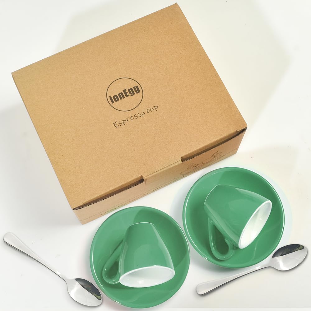 Porcelain Espresso Cup with Saucer And Stainless Steel mini Spoons, Espresso shot Cup, 80ml/2.7Oz, Pack of 2, Cyan