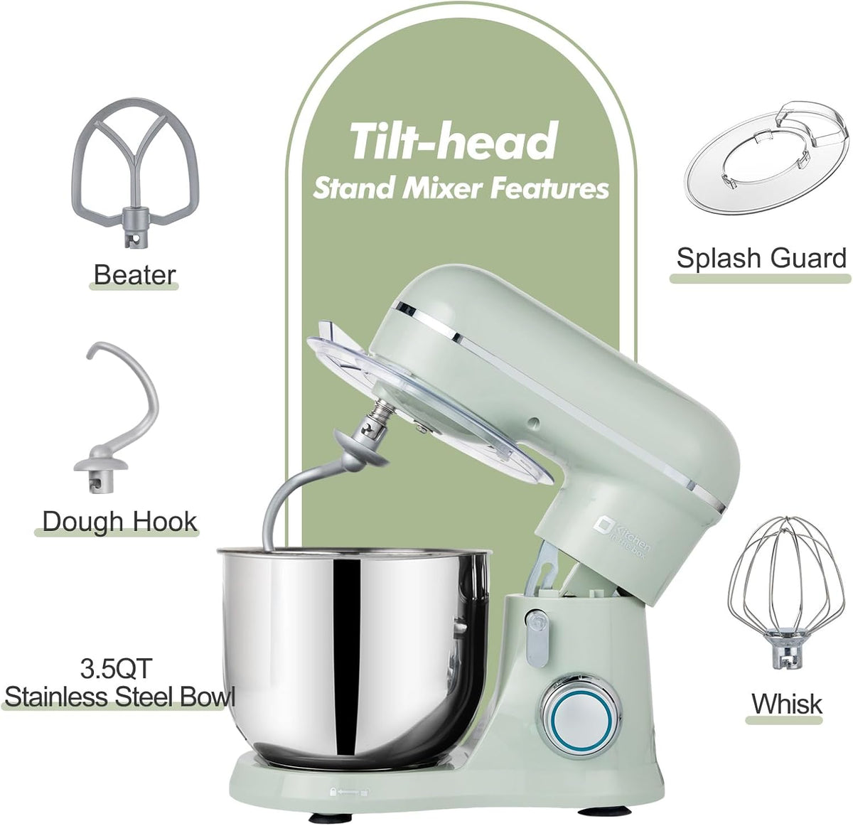 Kitchen in the Box Stand Mixer, 3.5 QT Small Electric Kitchen Mixer, 10-Speed Portable Lightweight Food Mixer with Stainless Steel Bowl, Egg Whisk, Dough Hook, Beater (Sage Green)