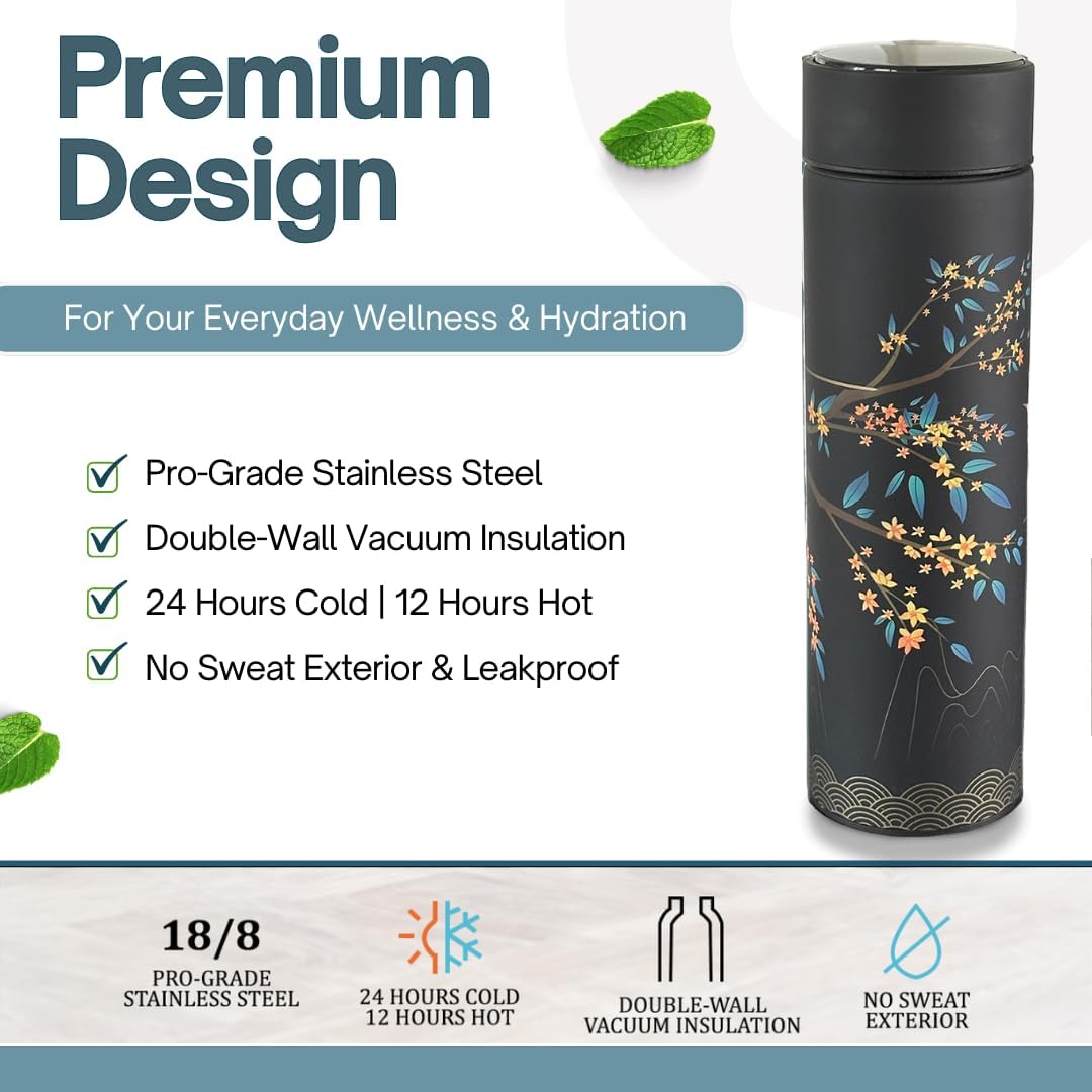Farasi Tea Infuser for Loose Leaf Tea Smart Water Bottle with Fahrenheit Temperature Display, Stainless Steel, Insulated Coffee and Fruit Tea Infuser Bottle - Black Floral Tea Mug 15 oz