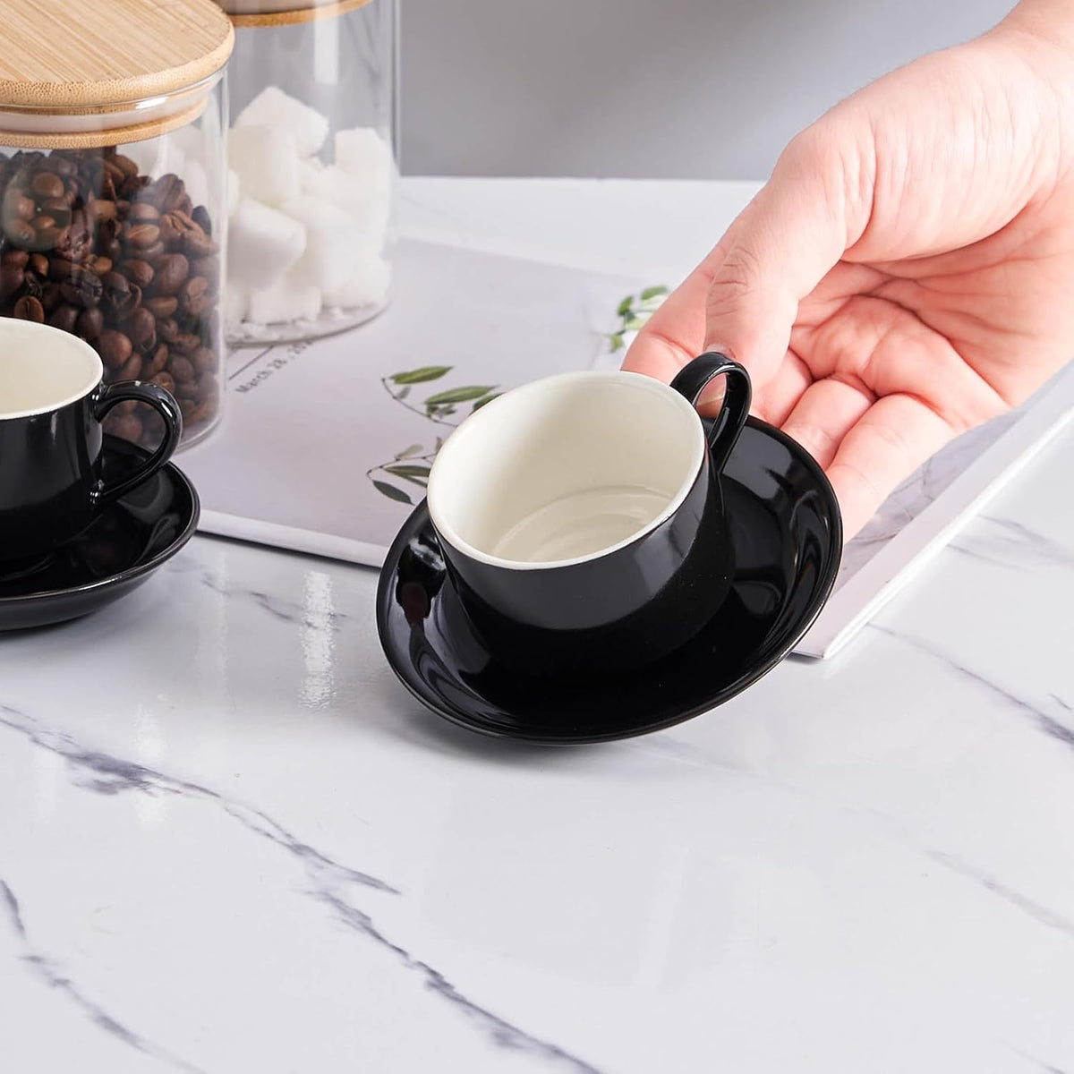 YOLIFE 2.5oz Porcelain Stackable Espresso Cups with Saucers and Metal Stand Set of 4, Stackable Cappuccino Cups, Black Expresso Shots Cup Set for Coffee Drinks, Latte, Tea