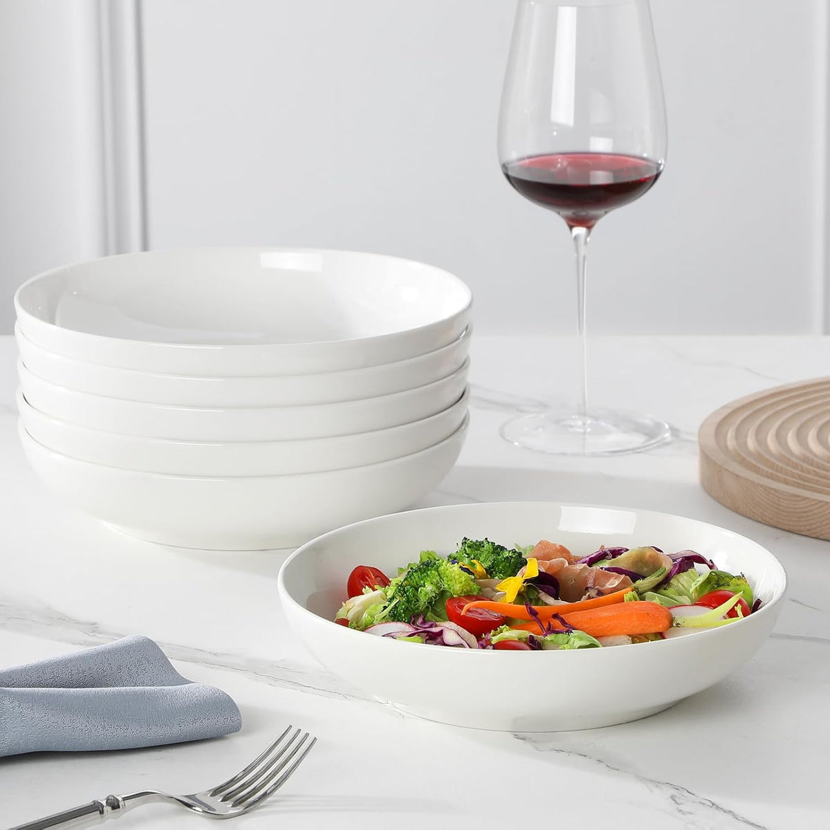 MALACASA 8.85" Large Pasta Bowls, 42 OZ White Salad Bowls Soup Bowls, Porcelain Serving Bowls Set of 6, Large Kitchen Bowl Plates Pasta Plates, Microwave & Dishwasher Safe, Series REGULAR