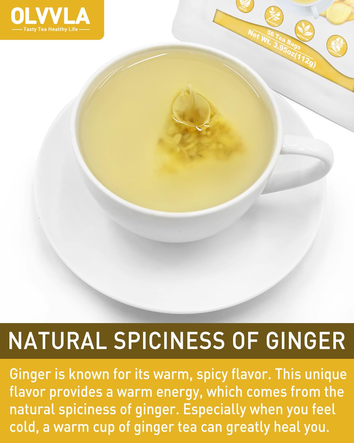 Olvvla - Premium Ginger Tea Bags - 2g X 56 Count - 100% Pure Natural Ginger Root Herbal Tea - Cut & Sifted - Non-GMO - Caffeine-free - Warm & Spicy - Relieve Nausea & Support Digestion