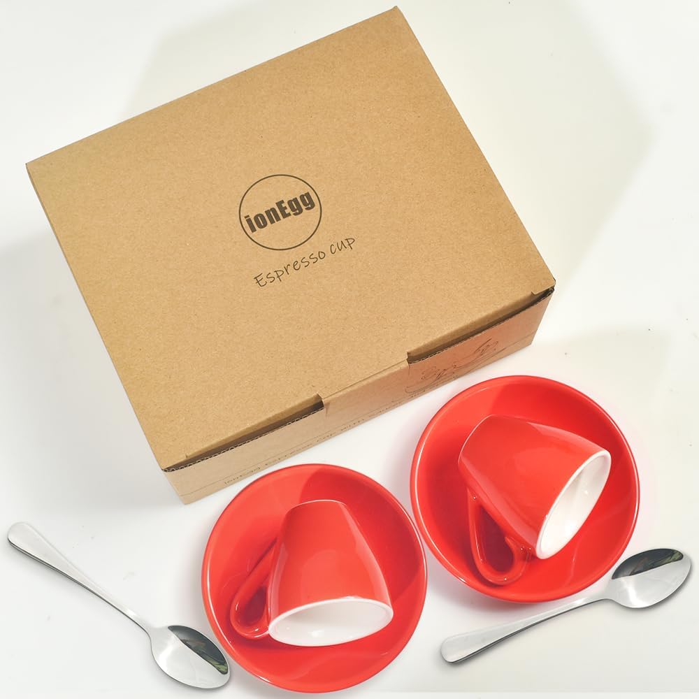 Porcelain Espresso Cup with Saucer And Stainless Steel mini Spoons, Espresso shot Cup, 80ml/2.7Oz, Pack of 2, Red