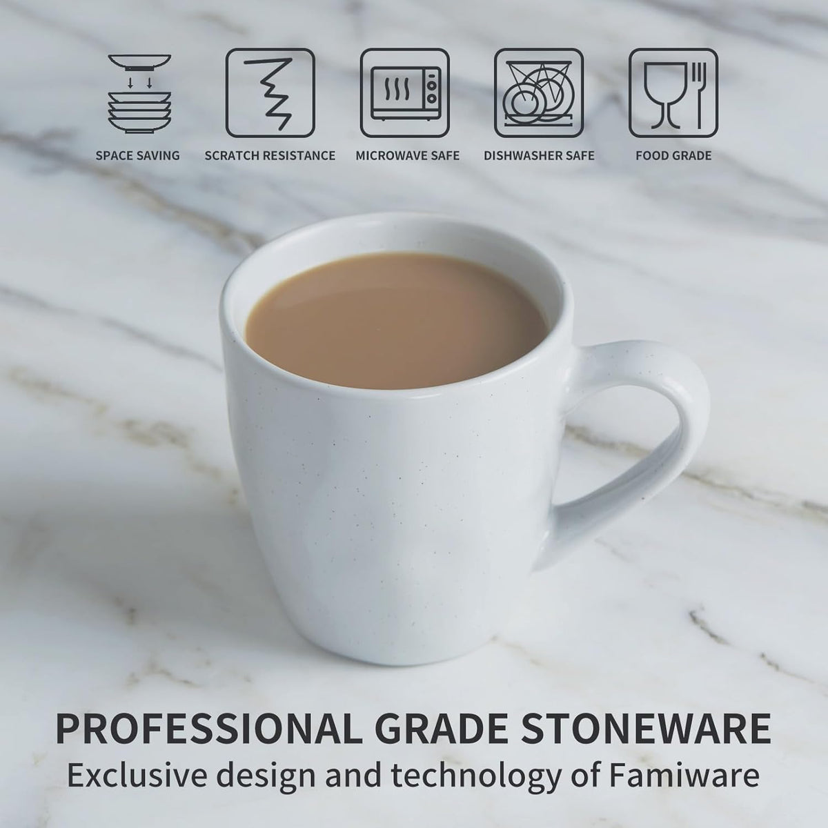 famiware Mars 4 Pieces Coffee Mug, 14 oz Tea Mug, Catering Mugs with Handle for Coffee, Tea, Cocoa, Milk, Light Gray
