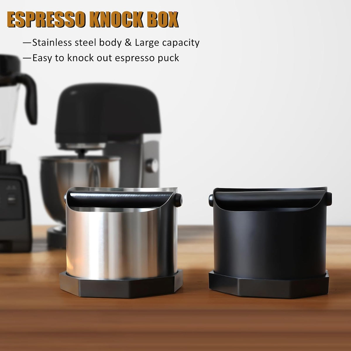 Coffee Knock Box, Large Capacity Espresso Knock Box with Non-Slip Base, Coffee Measuring Cup, Coffee Puck Knock Box Stainless Steel for Espresso Machine Coffee Grounds (Black)
