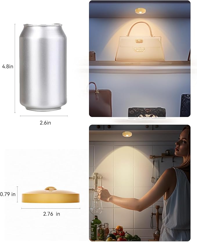 Rechargeable Puck Lights with Remote Control, 1500mAh Battery, 6Pcs Gold Stick-on Lights for Under Cabinet, Closet, Bedroom, Kitchen with Dimmer & Timer Function