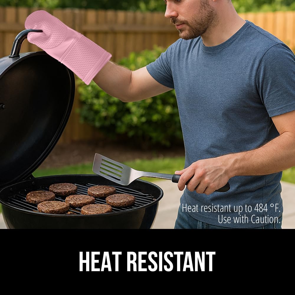 GORILLA GRIP BPA-Free Soft Silicone Oven Mitts, 14.5x8.3, Heat Resistant and Waterproof Cooking Gloves, Thick Cotton Lining, Flexible Gripping for Baking Grilling, Kitchen Potholders Set of 2, Pink