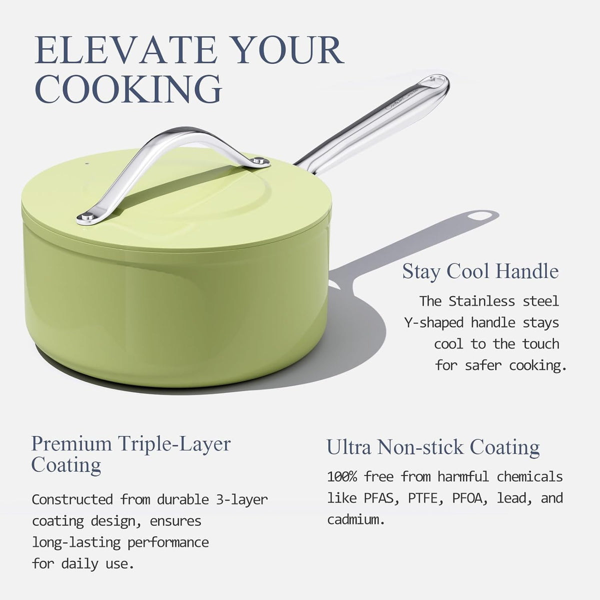 3.5qt Nonstick Ceramic Sauce Pan with Lid (8.19") Even Heat Distribution Non Toxic PFAS Free Healthy Cooking Pot for All Stovetops (Induction/Gas/Electric) Oven Safe 500ยฐF, Avocado Green