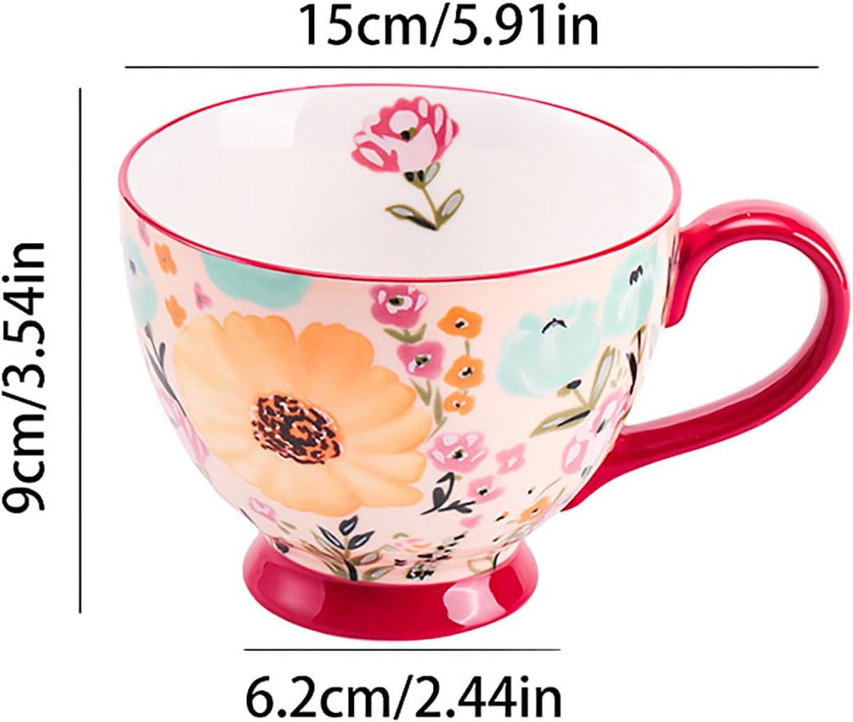 Vintage Flower Mugs β Large Ceramic Coffee Mug (15oz) β Cute Cereal Cup for Breakfast, Oatmeal Tea & Hot Drinks β Handmade Ceramic Cup with Floral Design