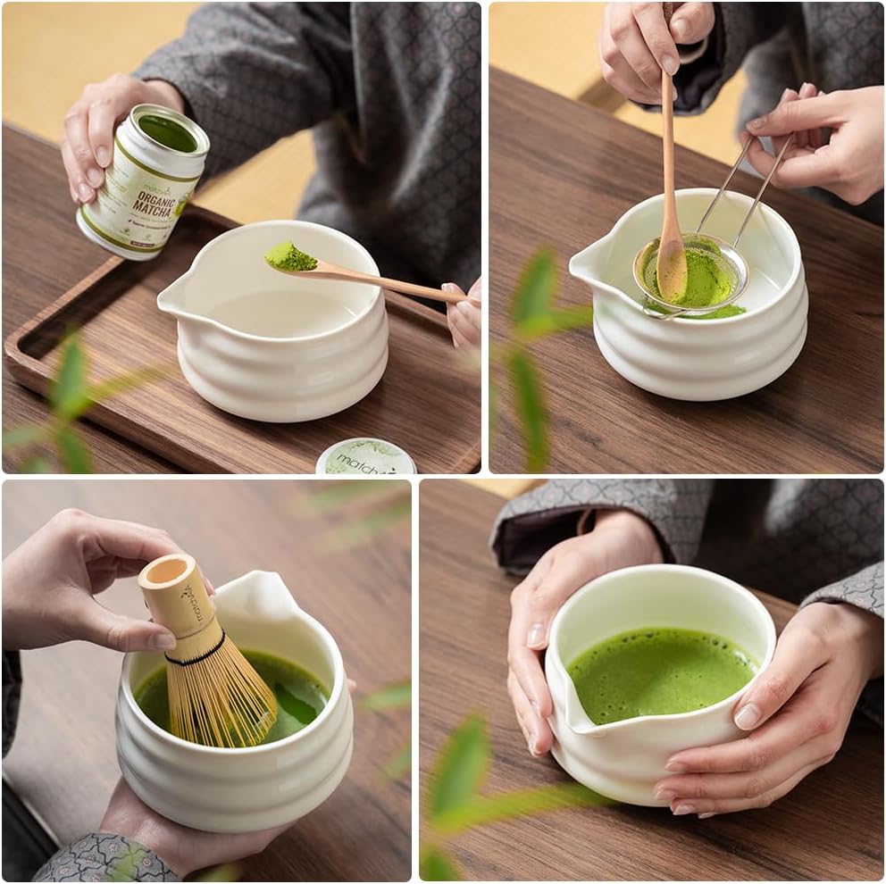 7 Pcs Matcha Set - Ceramic Bowl, Bamboo Whisk with Holder, Sifter, Schima Spoon, Spoon Rest and Tea Towel, Complete Kit for Traditional Matcha and Modern Lattes (White)