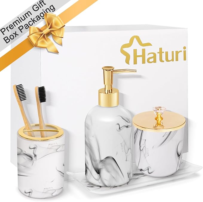 Haturi Bathroom Accessories Set, 4 Pcs Marble Look Sets Soap Dispenser & Toothbrush Holder Counter Top Restroom Apartment Decor Stuff, Glass Kits, Gift for Women and Men, Ink White