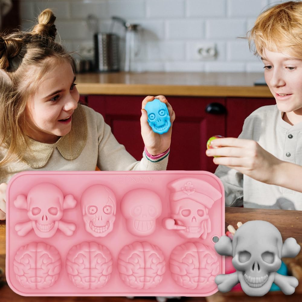 Halloween Chocolate Mold Silicone,2pcs Cavity Candy Gummy Mold with Skull and Brain for Baking Chocolate Jelly Gummy Desser