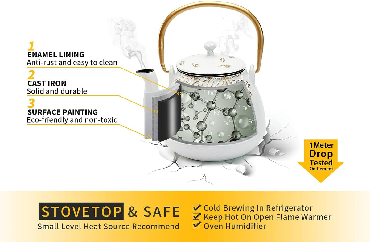 Tea Kettle, TOPTIER Japanese Cast Iron Teapot with Infuser for Loose Leaf and Tea Bags, Stovetop Safe Cast Iron Tea Kettle Coated with Enameled Interior for 40 oz (1200 ml), White