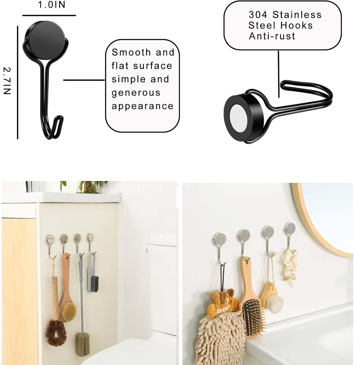 Magnetic Hooks, Heavy Duty 304 Stainless Steel Magnet Hooks for Cruise Refrigerator Grill,Strong Magnets with Hooks for Home Kitchen, Garage Key Holder,4pack (Black,1.1in-1 22Lbs)