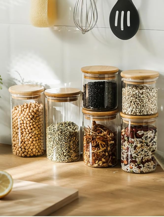 Glass Food Storage Jars, Glass Jars with Bamboo Lids, Kitchen Storage Jars, Canisters with Airtight Lids for Spice, Coffee, Cookie, Set of 5, Pantry Organizers