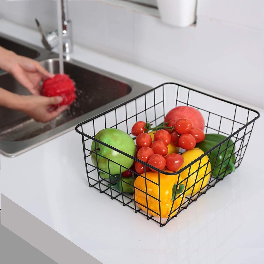 Kitchen Wire Baskets Farmhouse Decor Metal Food Storage Organizer,Household Refrigerator Bin with Built-in Handles for Cabinets,Pantry,Bathroom,Black
