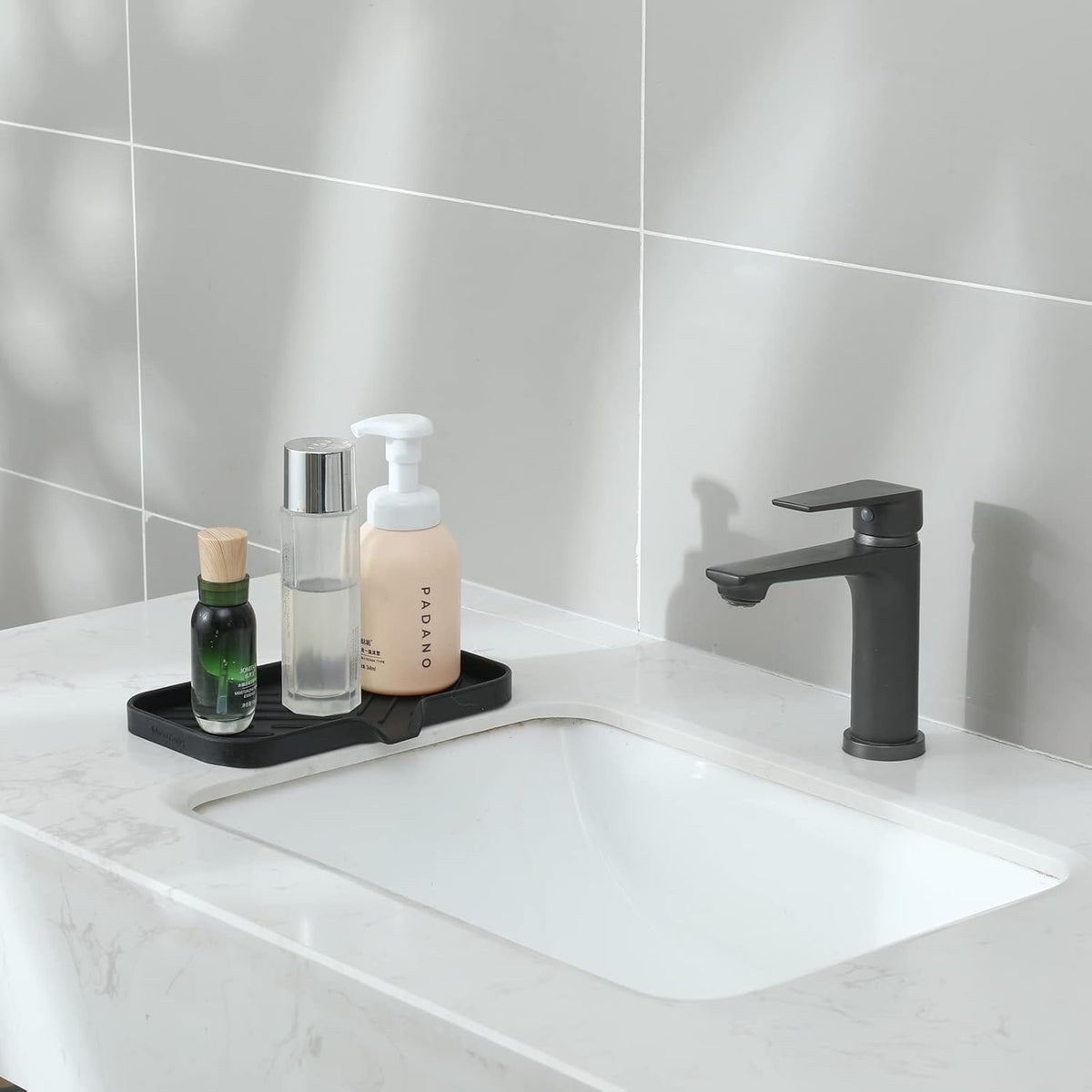 Silicone Bathroom Soap Dishes with Drain Spout-Bathroom and Kitchen Sink Organizer,Sponge Holder,Dish Soap Tray,Perfect for Dispenser,Scrubber,Bottle,Cup on Sink or Counter-Black 9.6"ร5.3"