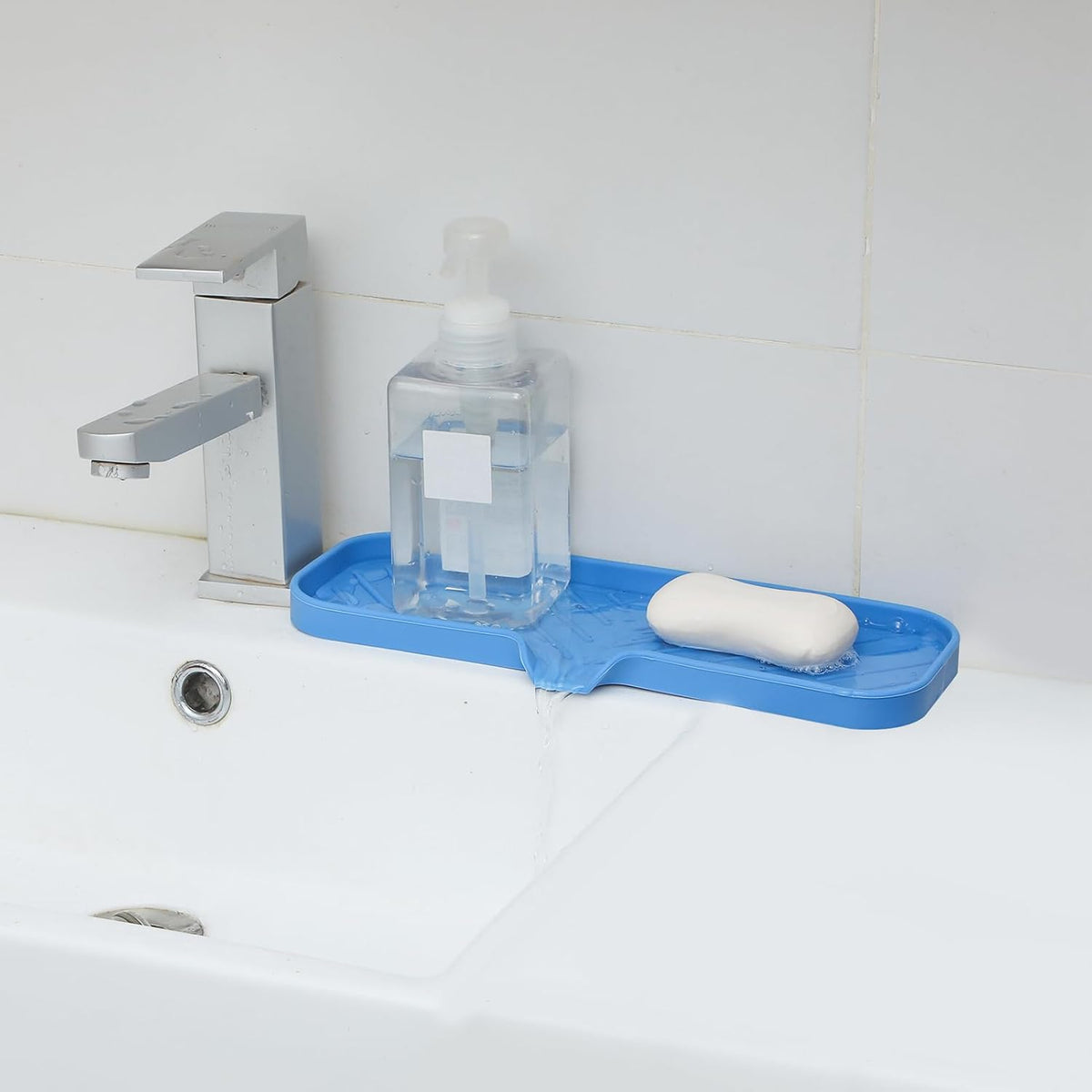 Silicone Bathroom Soap Dishes with Drain Spout-Bathroom and Kitchen Sink Organizer,Sponge Holder,Dish Soap Tray,Perfect for Dispenser,Scrubber,Bottle,Cup on Sink or Counter-Lichen Blue 12"ร4"