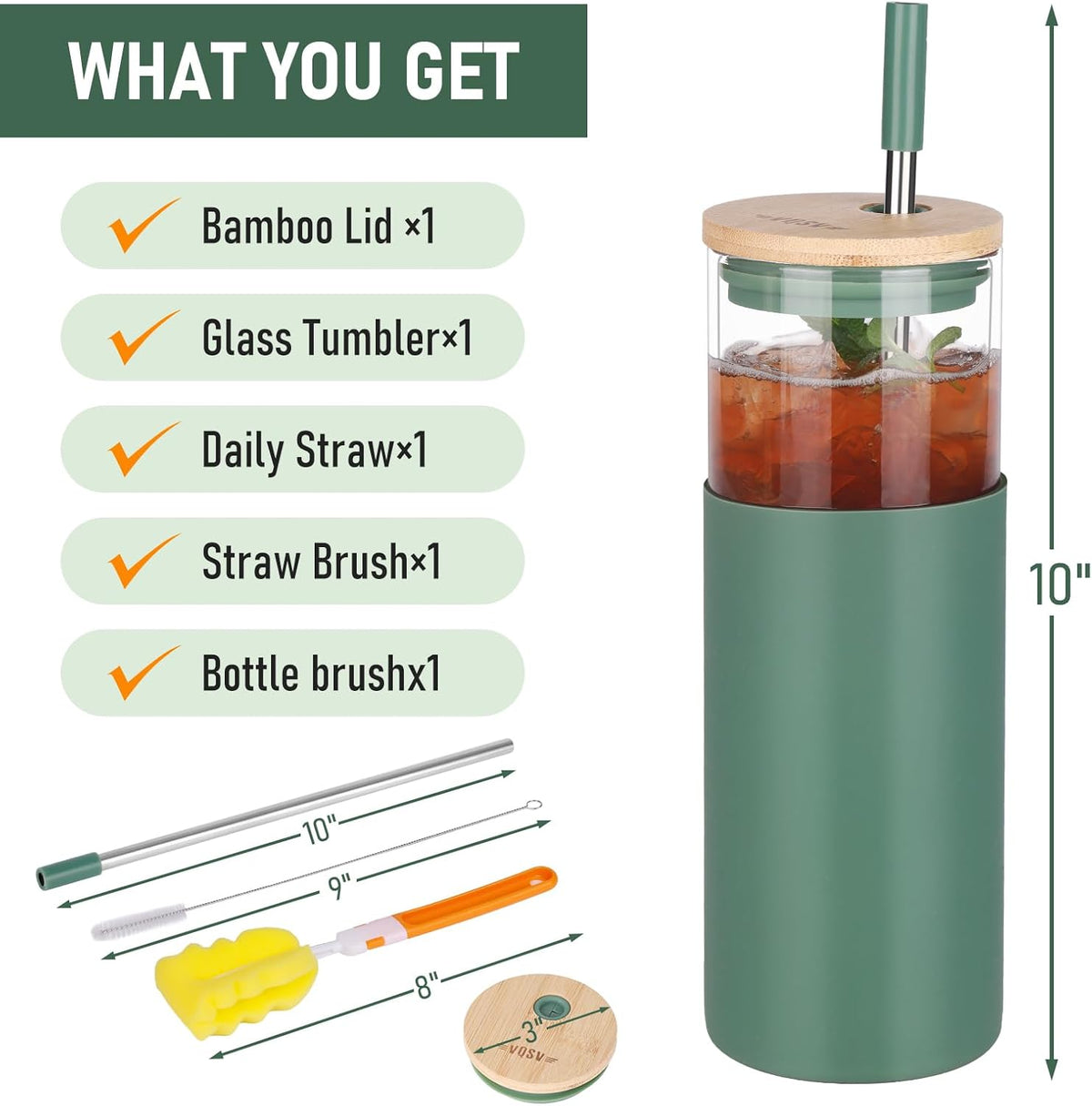 Glass Tumbler w/Lids & Straw: 24 oz Reusable Glass Cup w/Bamboo Lid, Stainless Steel Straws, BPA-Free, Leak-Proof, Dishwasher Safe for Coffee/Smoothies/Hot Beverage, Travel/Office/Home Use, 1-Pk