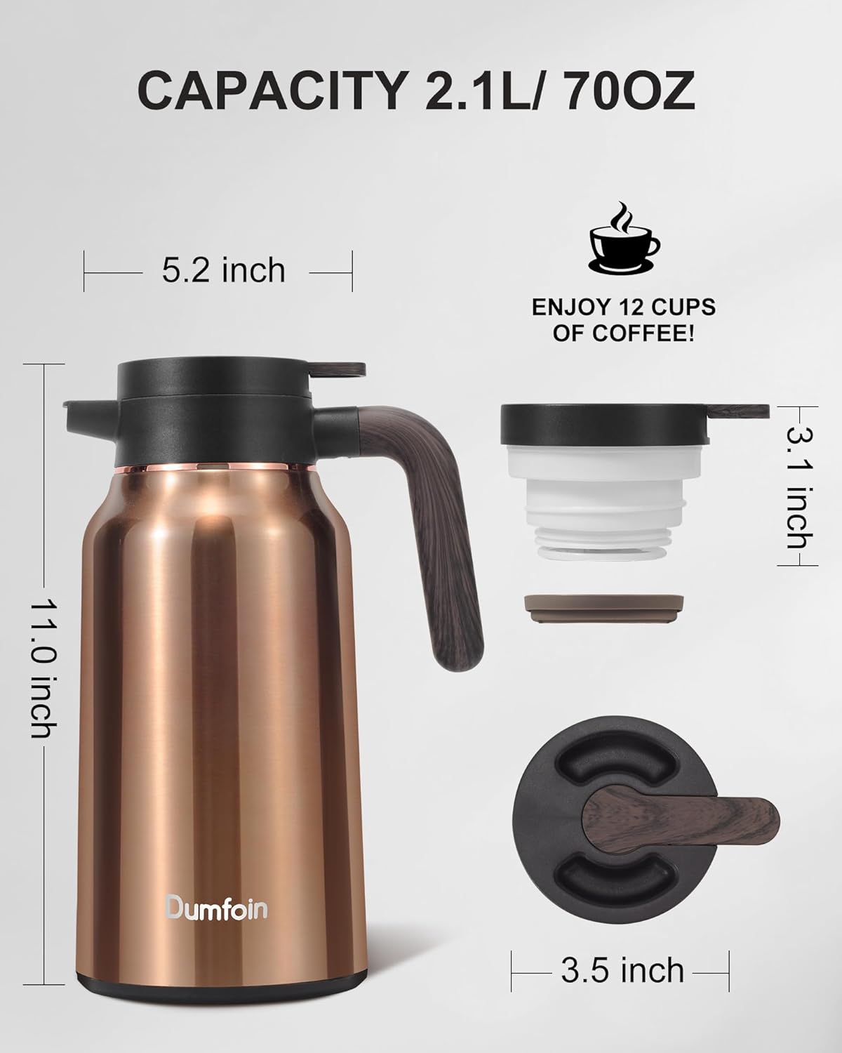 Carafes for Hot Liquids 70 oz - 12 Hour Stainless Steel Thermal Coffee Carafe-Insulated Coffee Carafes For Keeping Hot/Cold Coffee, Tea, Water, Drink Dispenser for Parties(2 gold)