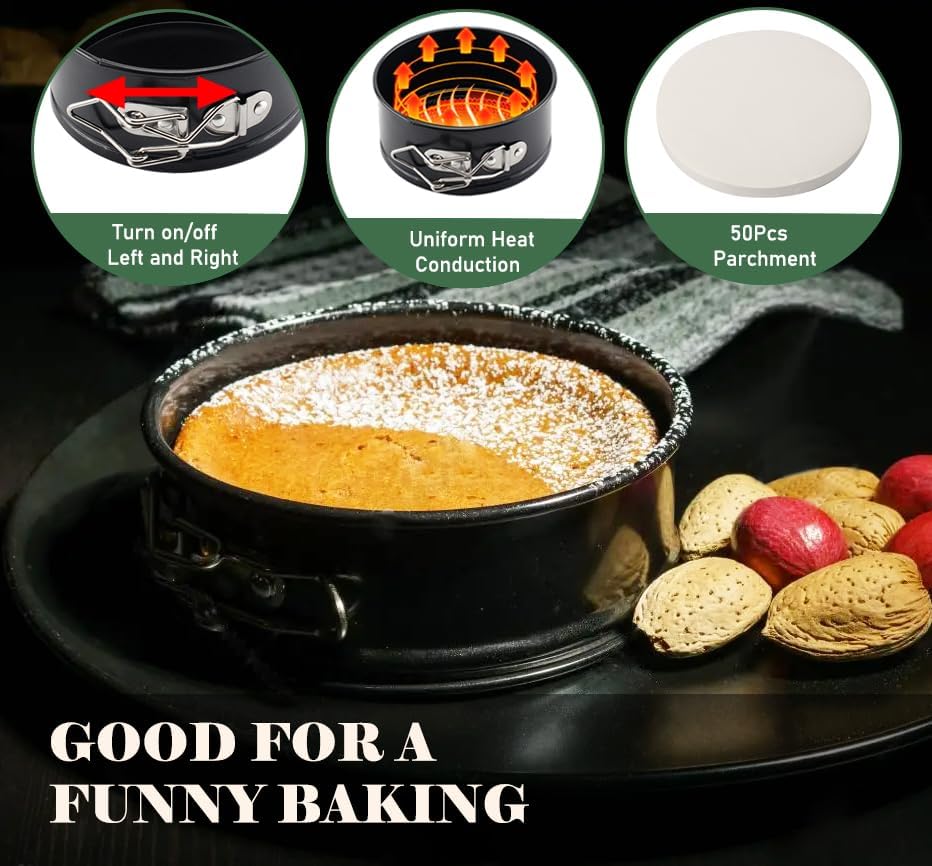 Tellshun 4 Pack Small Springform Cheesecakes Pan Tins Set 4 Inch Mini Baking Mold 4 Pieces Round Leakproof Nonstick Removable Bottom Bakeware for Pie Pizzas and Quiches Includes 50Pcs Parchment Paper